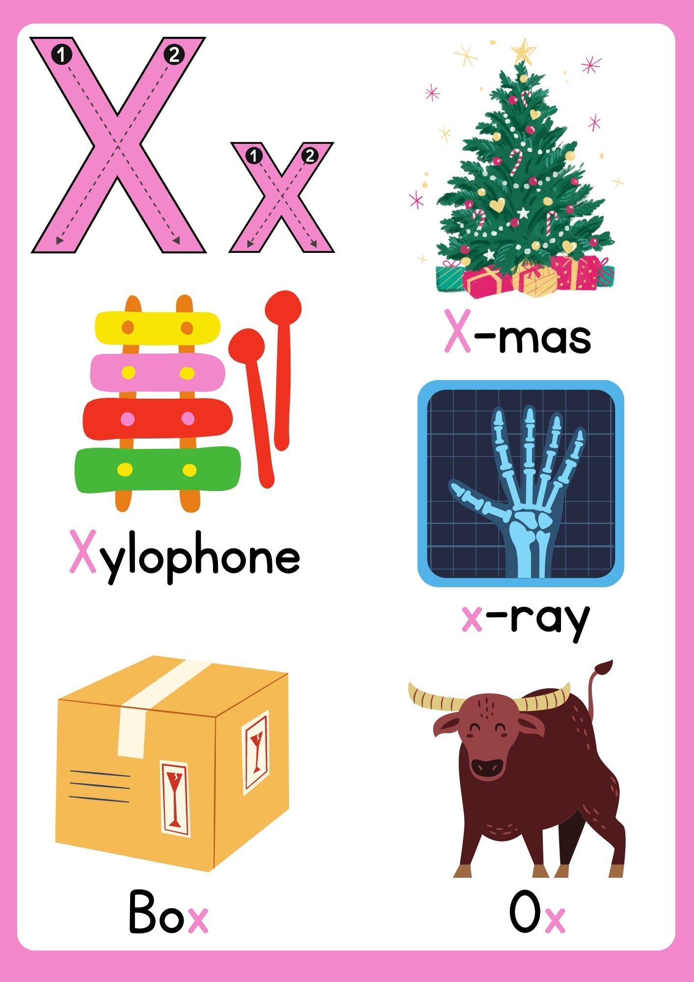 Letter x flashcard with words 3